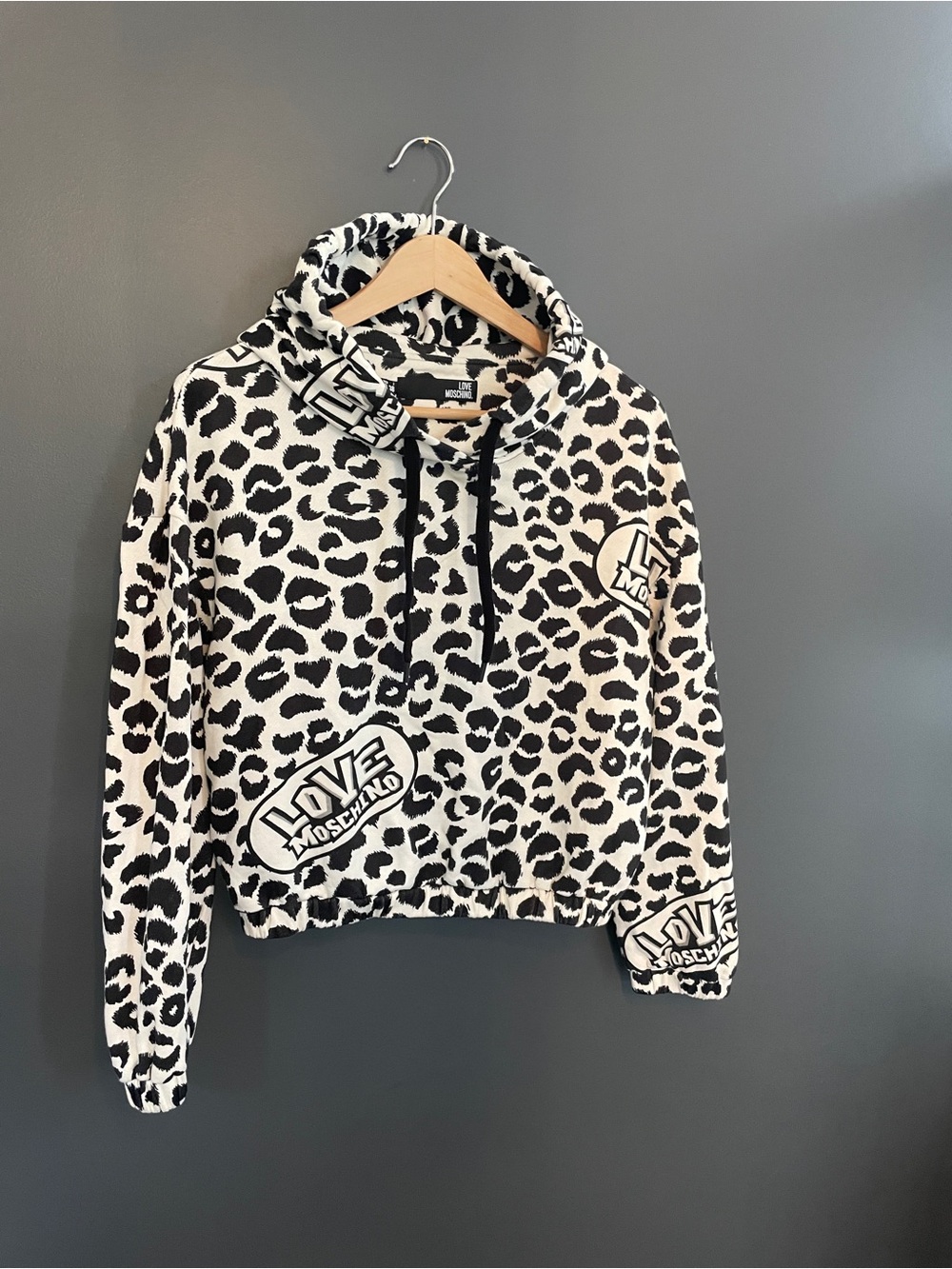 Love Moschino Black & White Leopard Print Crop Hoodie